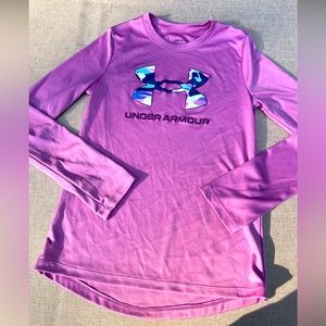 Under Armour Girls UA Tech Printed Logo Long-sleeve Tee Shirt Purple Size S